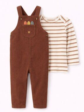 NWT Carter’s Baby Boy Thanksgiving Outfit 3M Brown Overalls & Stripe Shirt Fall